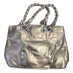 Metallic Bronze Gold Braided Handle Shoulder Bag Tote Women's Handbag Satchel